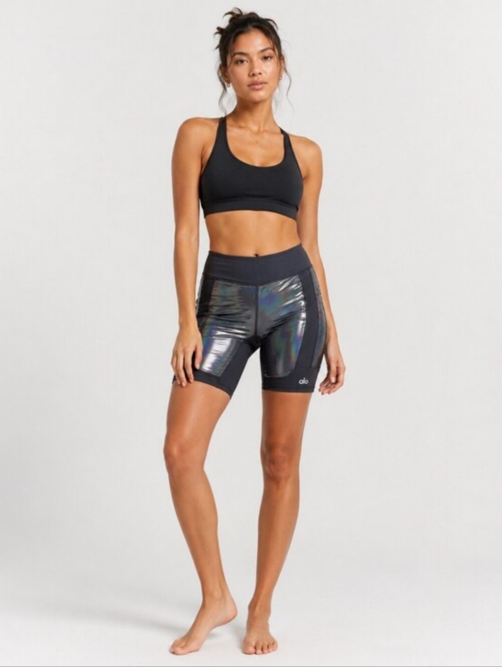 ALO Yoga High-Waist Galaxy Star Biker Shorts Black Sz XS Metallic Sporty-Chic